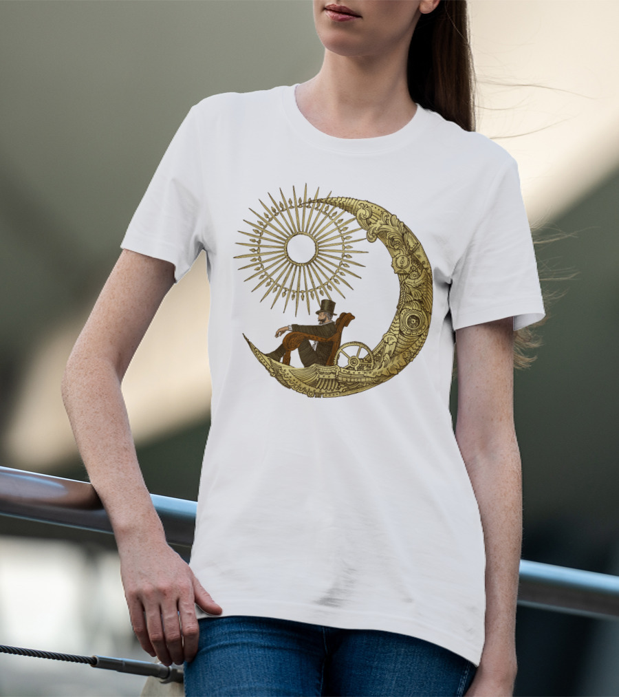 Victorian Gentleman On Ornate Crescent Moon With Sunburst - Moon Travel T-Shirt