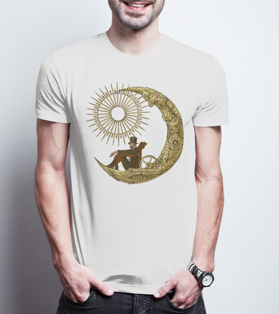 Victorian Gentleman On Ornate Crescent Moon With Sunburst - Moon Travel T-Shirt