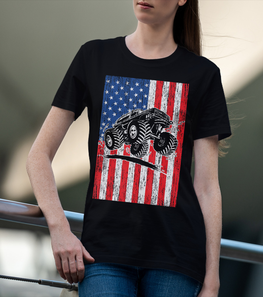 American Flag USA Monster Truck Enthusiast Patriotic T-Shirt