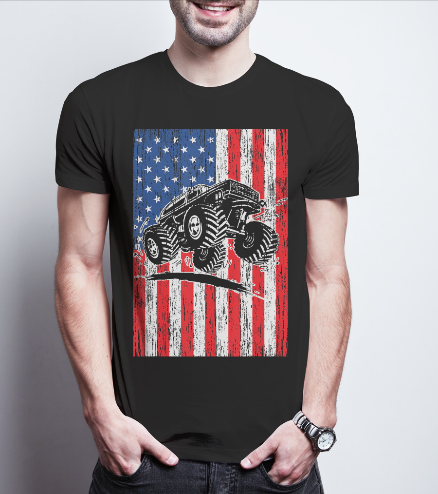 American Flag USA Monster Truck Enthusiast Patriotic T-Shirt