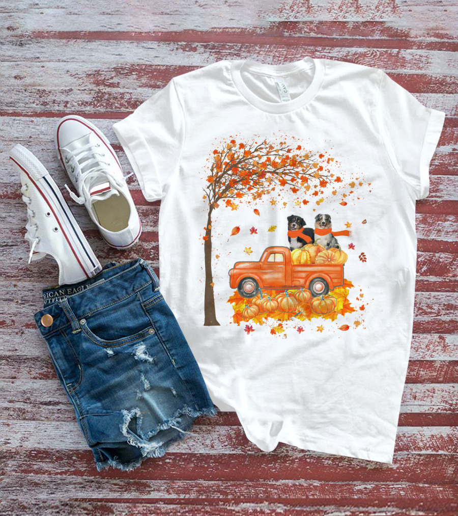 Australian Shepherds With Pumpkins On Orange Truck In Autumn Scene T-Shirt