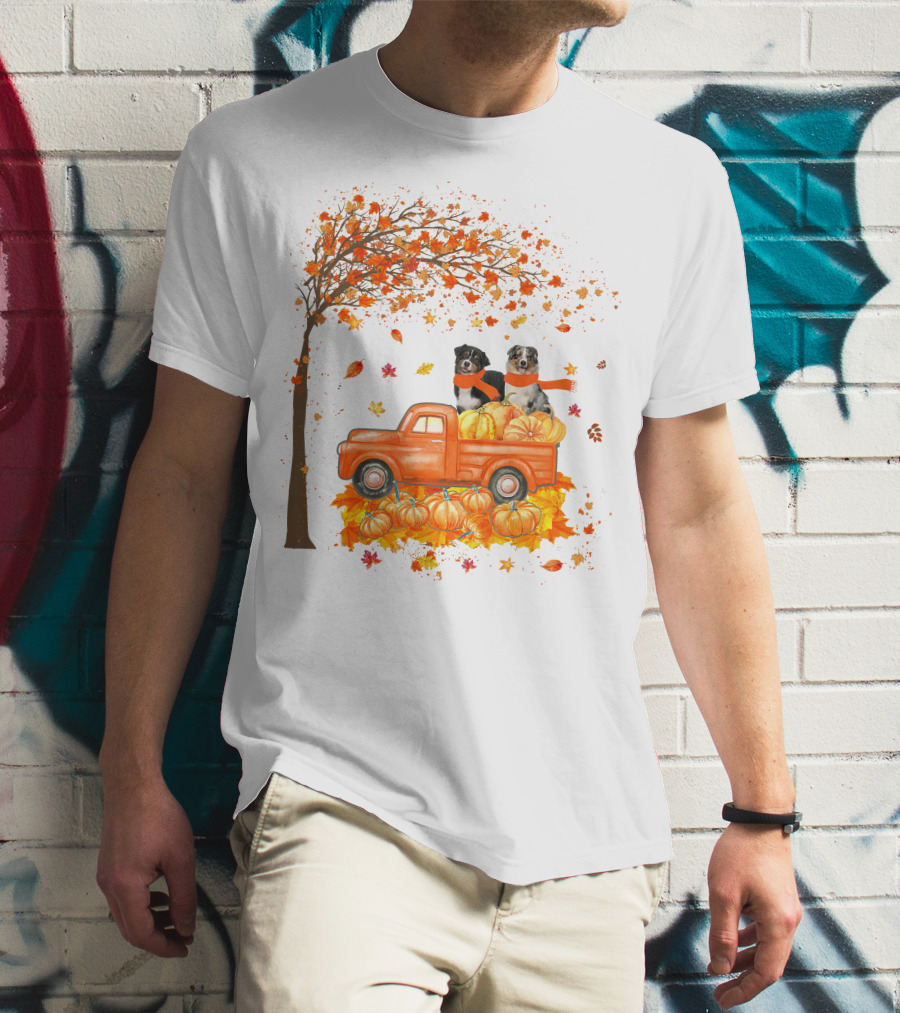 Australian Shepherds With Pumpkins On Orange Truck In Autumn Scene T-Shirt