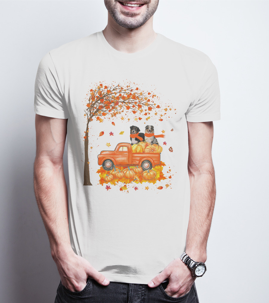 Australian Shepherds With Pumpkins On Orange Truck In Autumn Scene T-Shirt