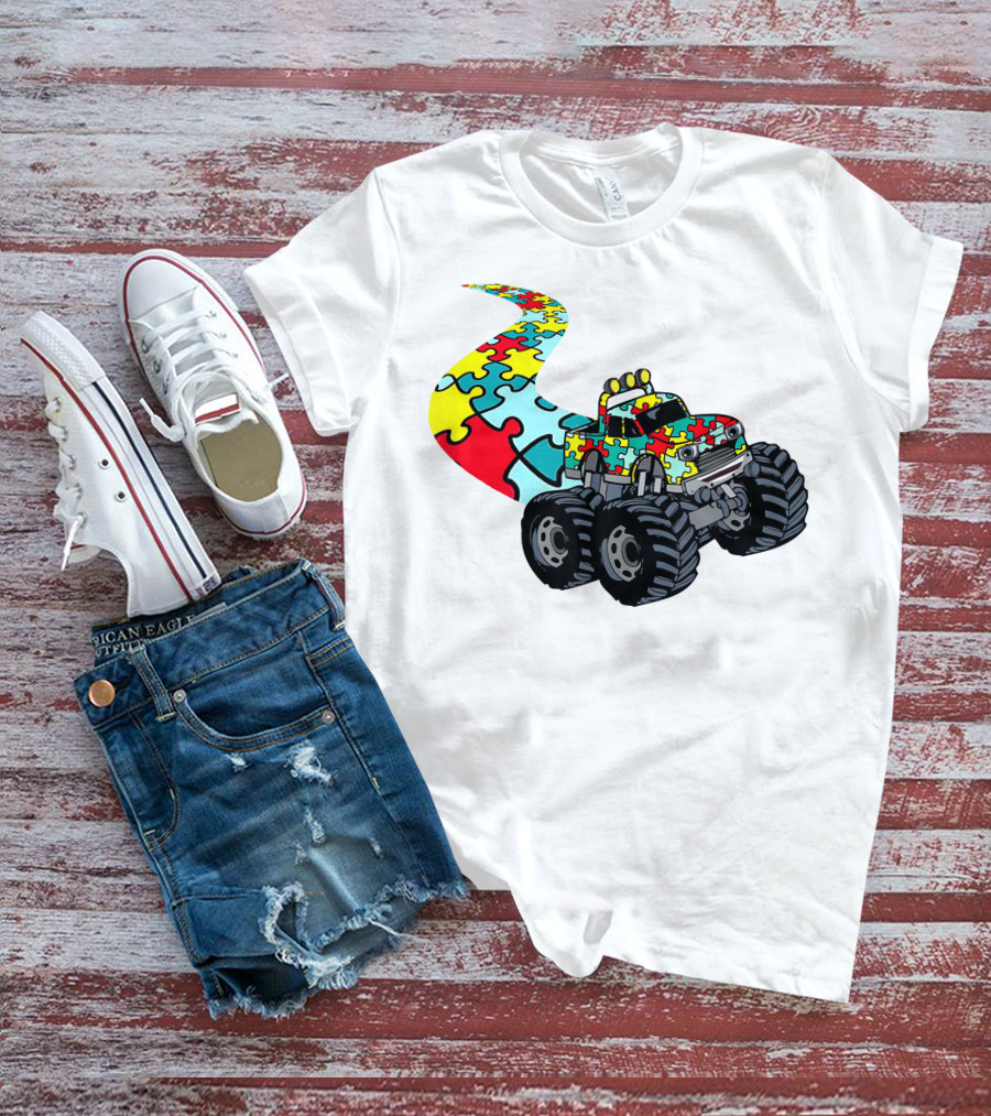 Autism Awareness Puzzle Piece Monster Truck For Boys T-Shirt