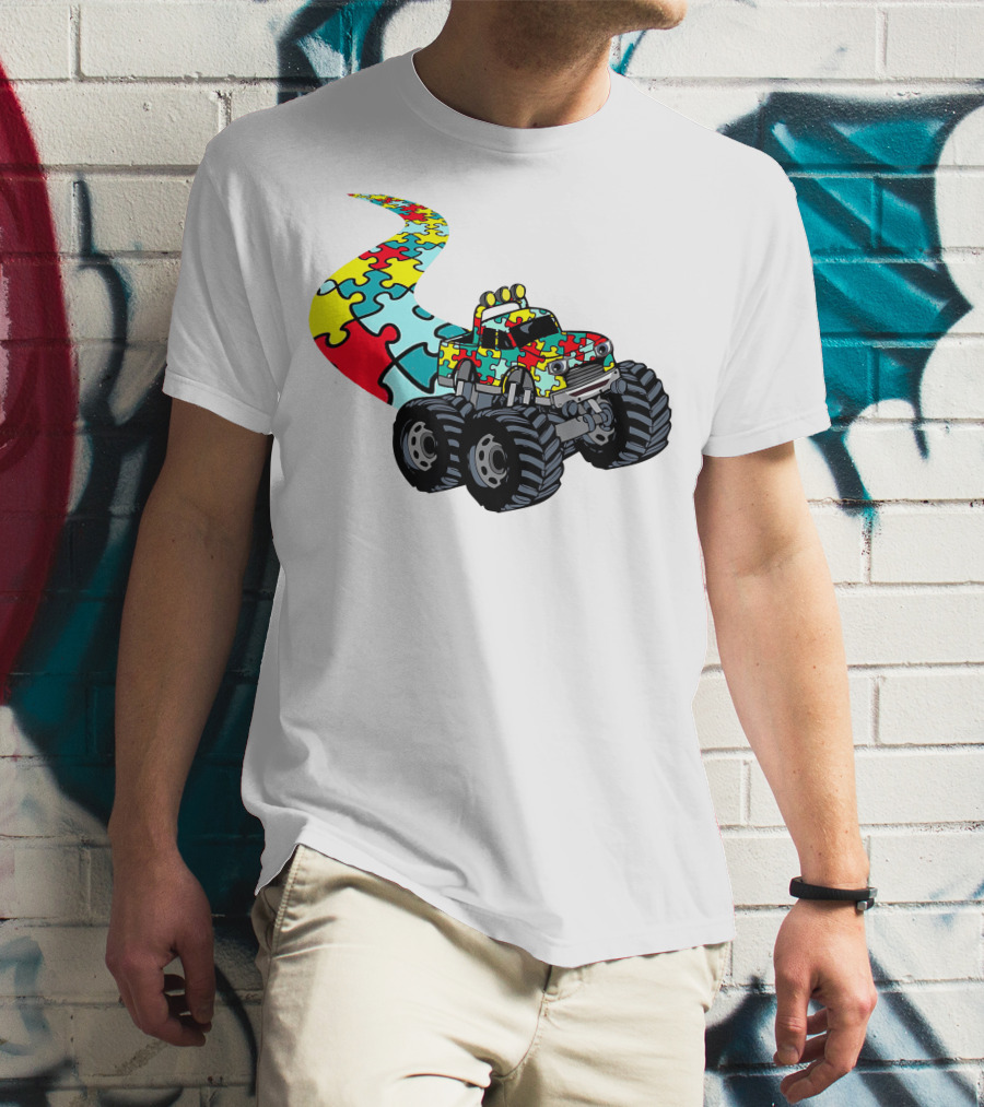 Autism Awareness Puzzle Piece Monster Truck For Boys T-Shirt