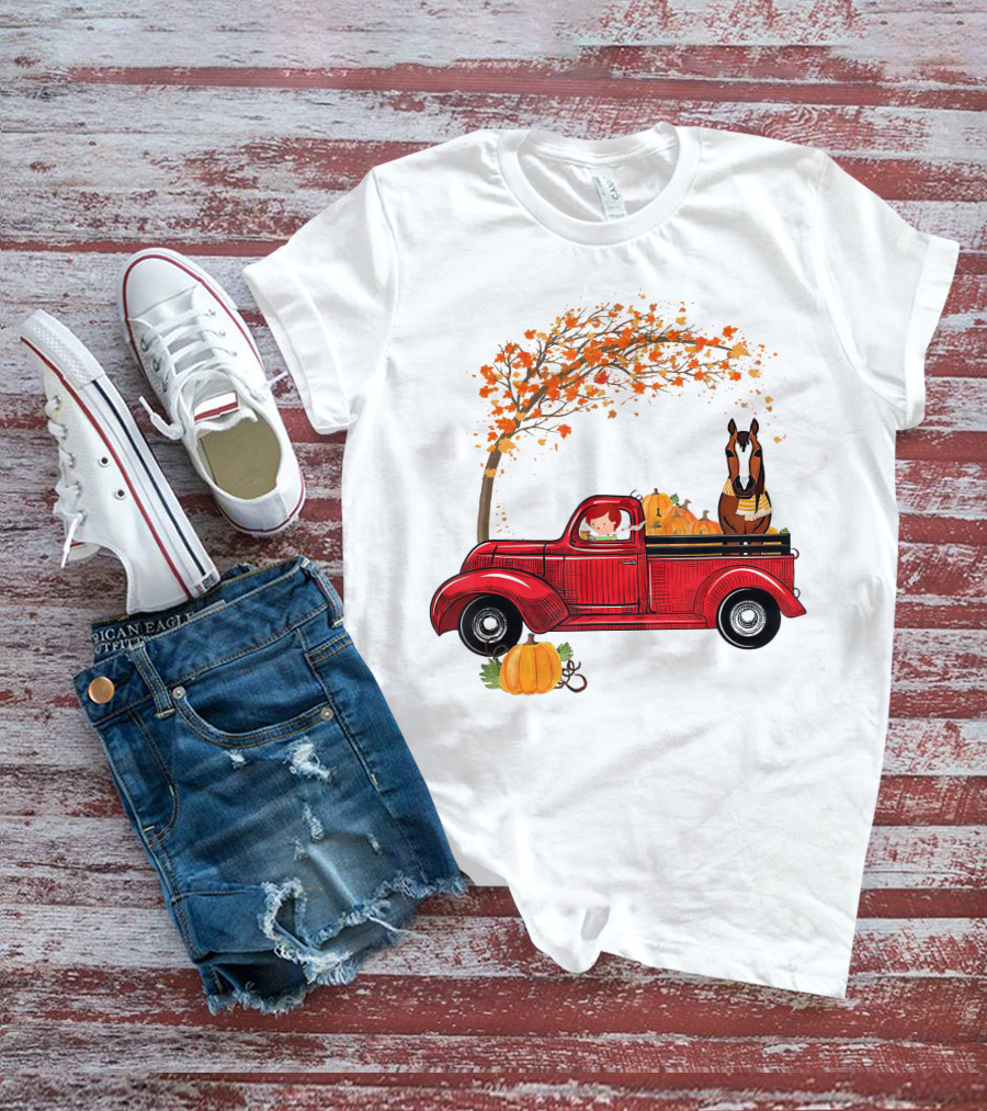 Autumn Fall Season Red Truck Horse Pumpkins Thanksgiving Day T-Shirt