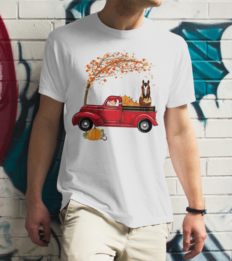 Autumn Fall Season Red Truck Horse Pumpkins Thanksgiving Day T-Shirt