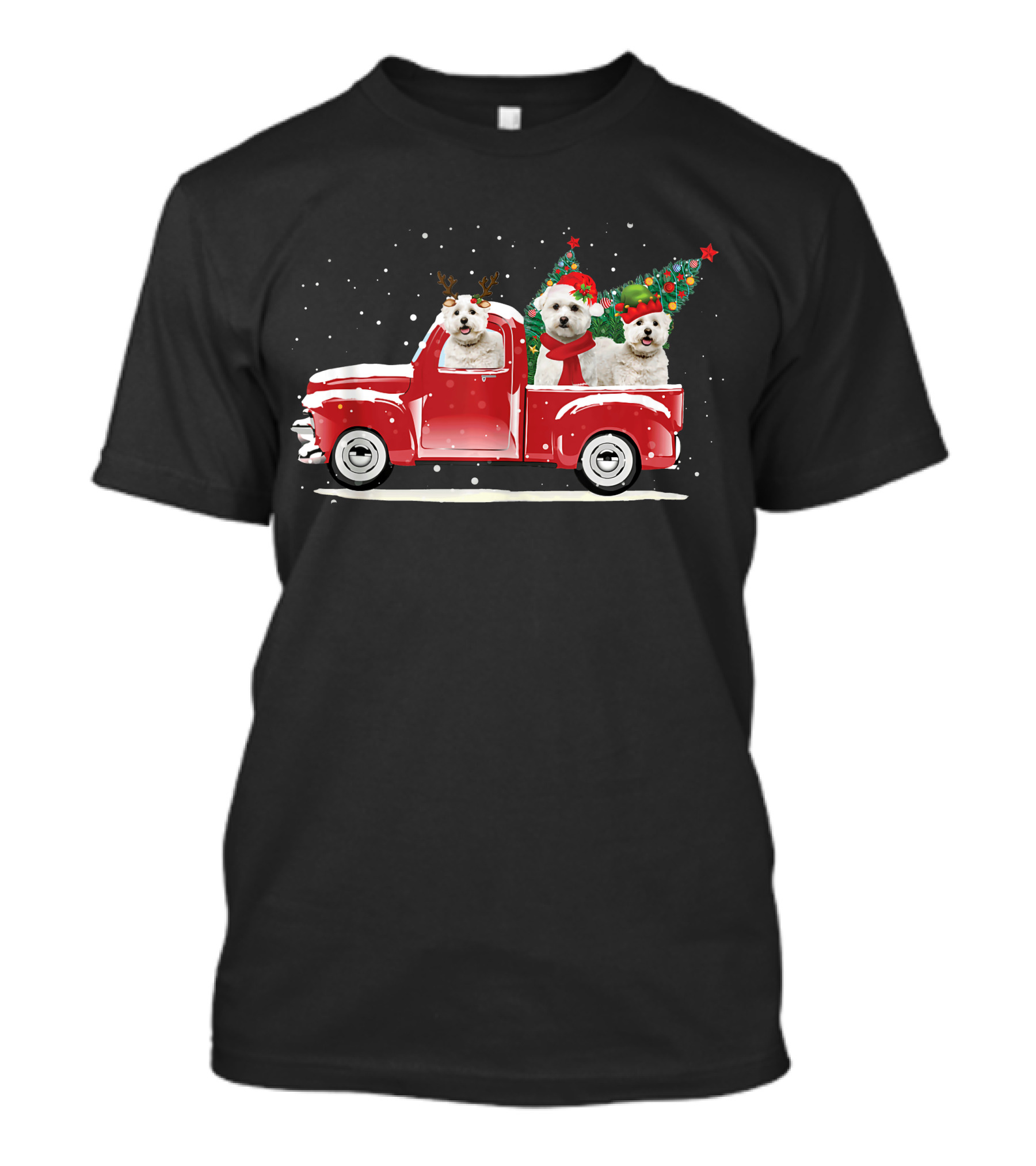 Bichon Frise Reindeer And Santa Christmas Truck With Trees T-Shirt