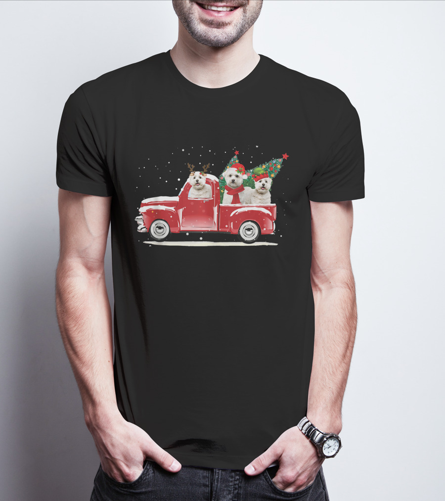 Bichon Frise Reindeer And Santa Christmas Truck With Trees T-Shirt