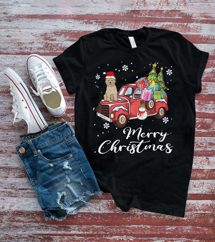 Cairn Terrier Riding Red Truck Merry Christmas Snowflakes Presents Tree Snowman T-Shirt