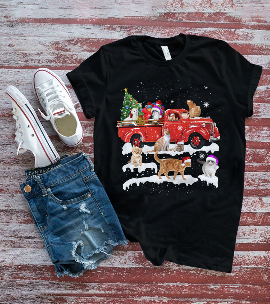 Merry Christmas Cat Riding Red Truck With Kittens And X Mas Tree T-Shirt