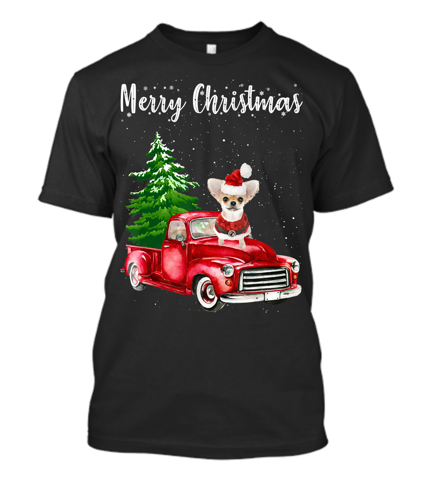 Merry Christmas Chihuahua With Santa Hat Riding Red Truck And Christmas Tree T-Shirt