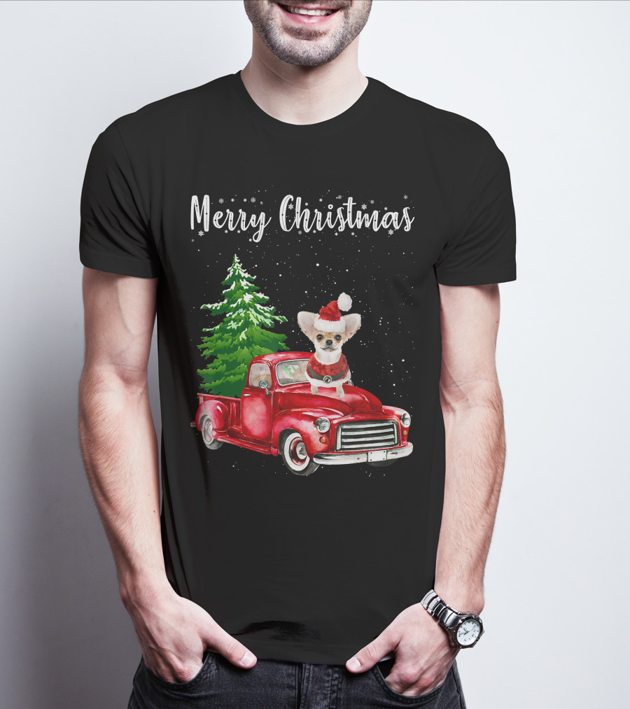 Merry Christmas Chihuahua With Santa Hat Riding Red Truck And Christmas Tree T-Shirt