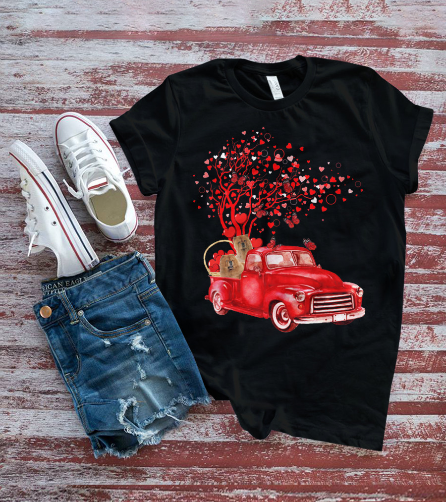Chow Chow In Red Truck With Butterfly Valentine Heart Tree T-Shirt