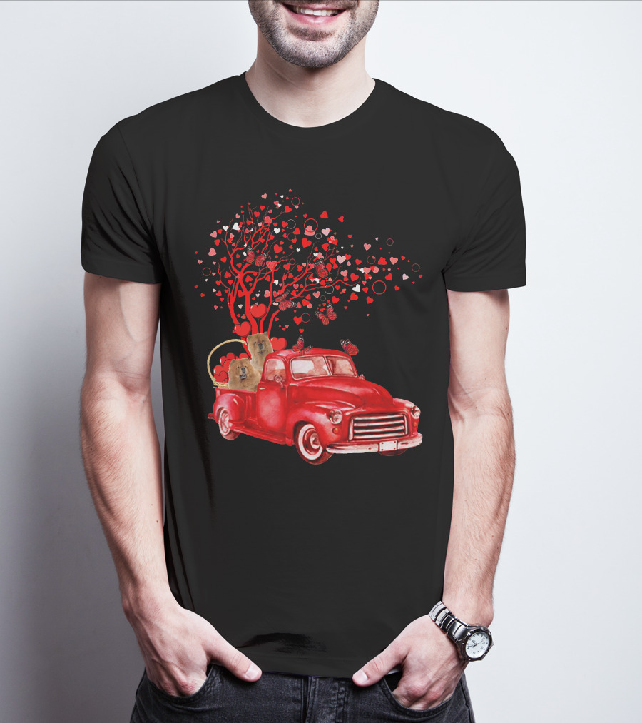 Chow Chow In Red Truck With Butterfly Valentine Heart Tree T-Shirt