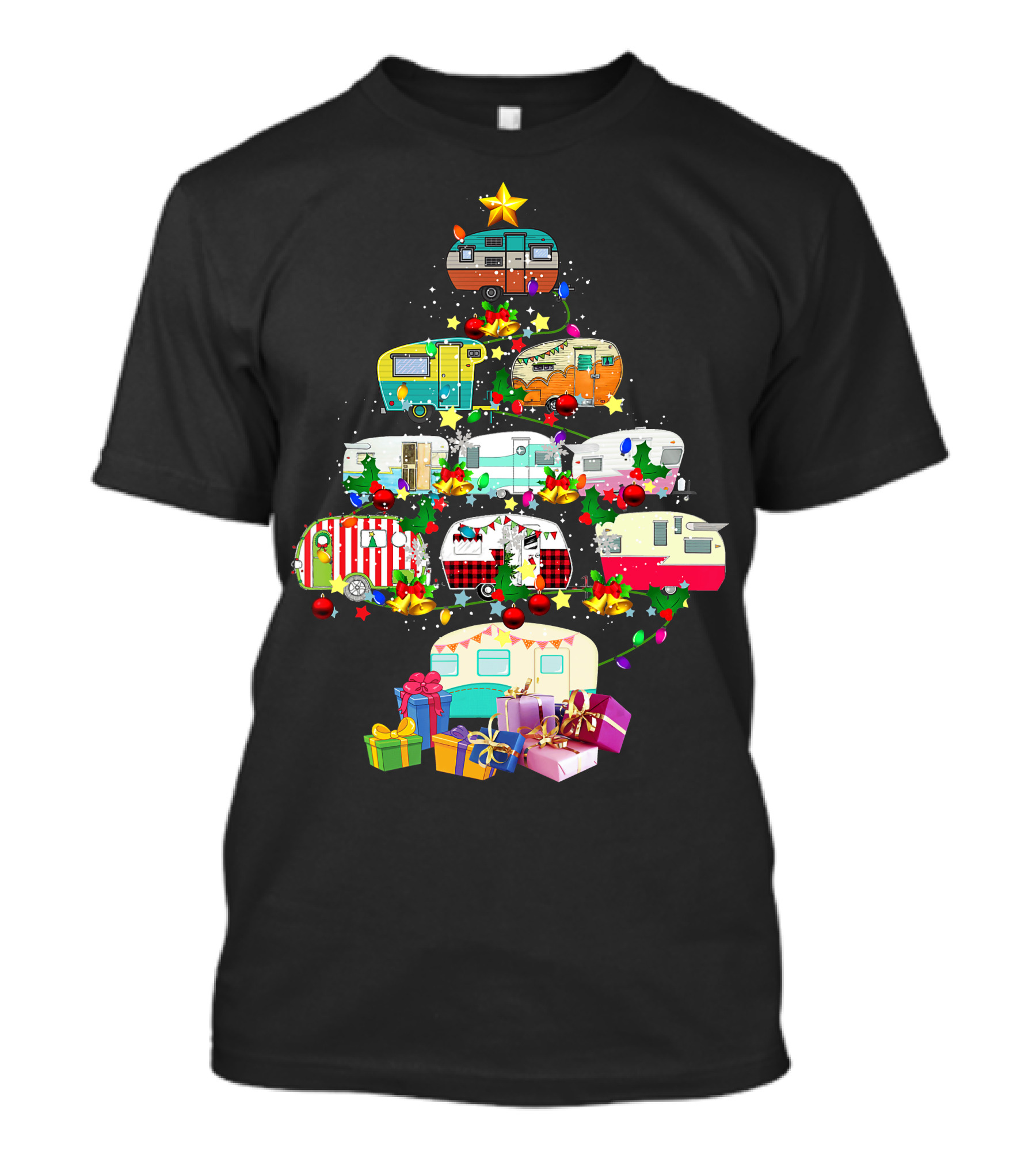 Christmas Camping Lover X Mas Camper Tree With Trucks And Gifts T-Shirt
