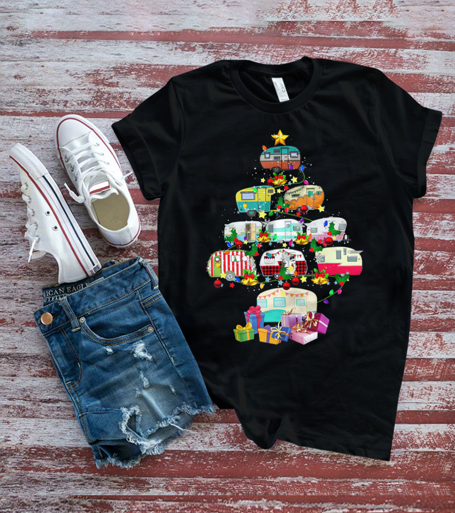 Christmas Camping Lover X Mas Camper Tree With Trucks And Gifts T-Shirt