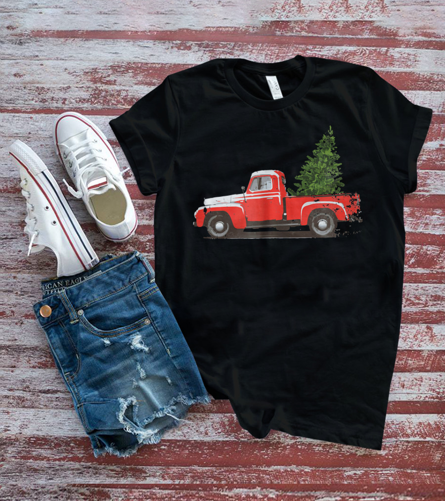 Classic Red Pickup Truck With Christmas Tree T-Shirt