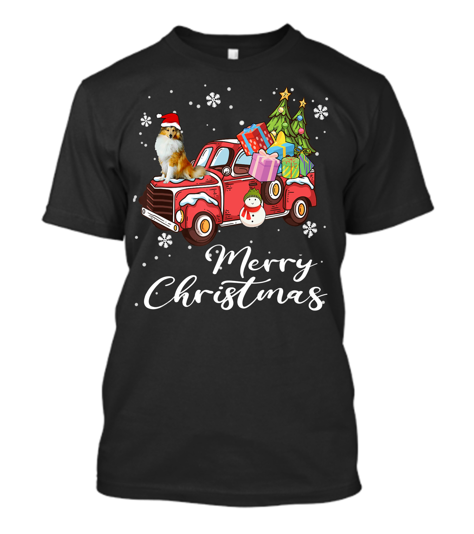 Merry Christmas Collie On Red Truck With Gifts And Snowman T-Shirt