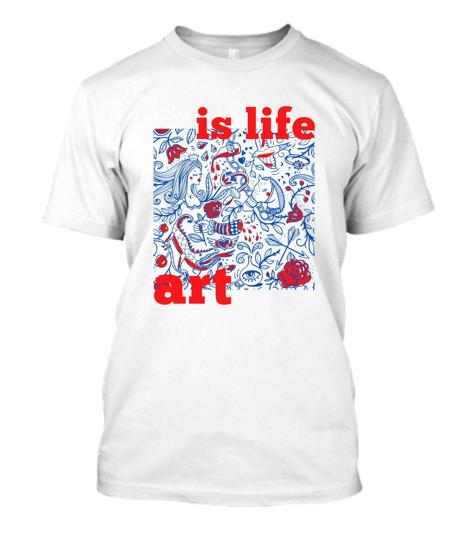 Is Life Art Floral Fantasy In Red And Blue T-Shirt