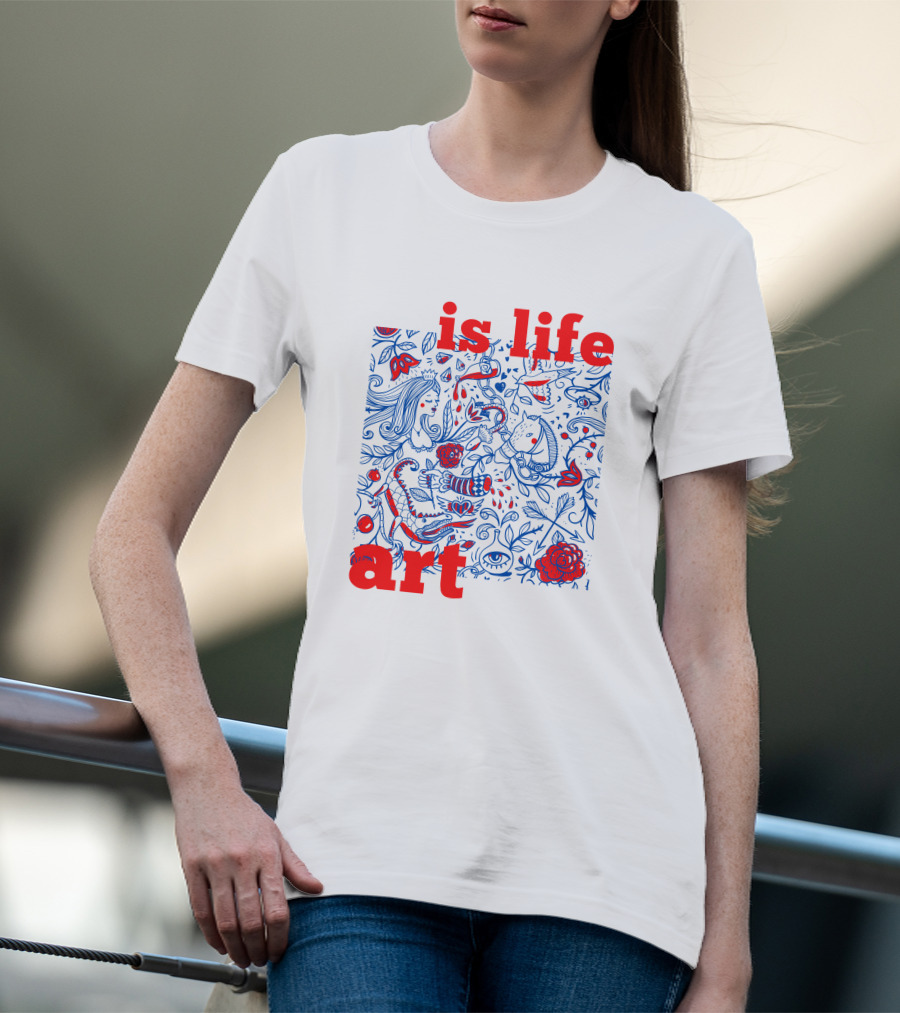 Is Life Art Floral Fantasy In Red And Blue T-Shirt