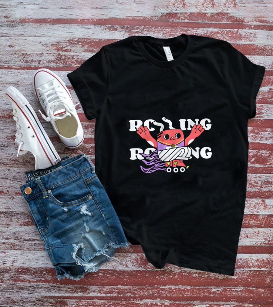 Rolling Cartoon Character With Purple Roller Skates And Wavy Hair T-Shirt