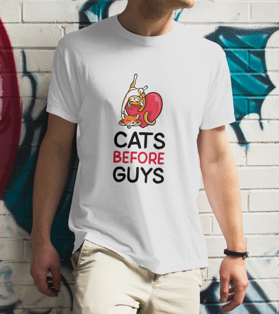 Cats Before Guys Heart Illustration For Pet Lovers T-Shirt