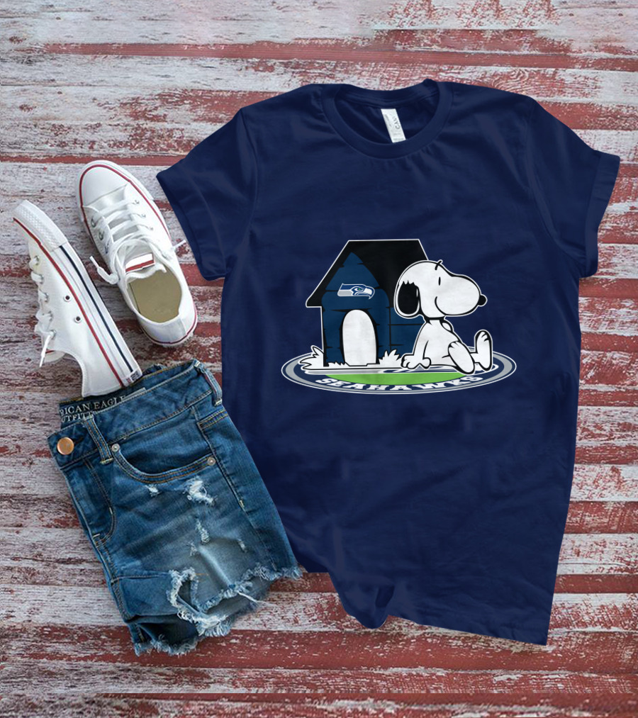 Seattle Seahawks Fan Forever With Snoopy Sitting By Doghouse T-Shirt