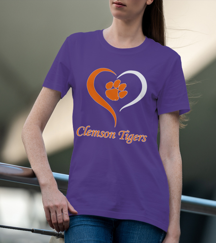 Clemson Tigers Heart Paw Print Purple And Orange T-Shirt