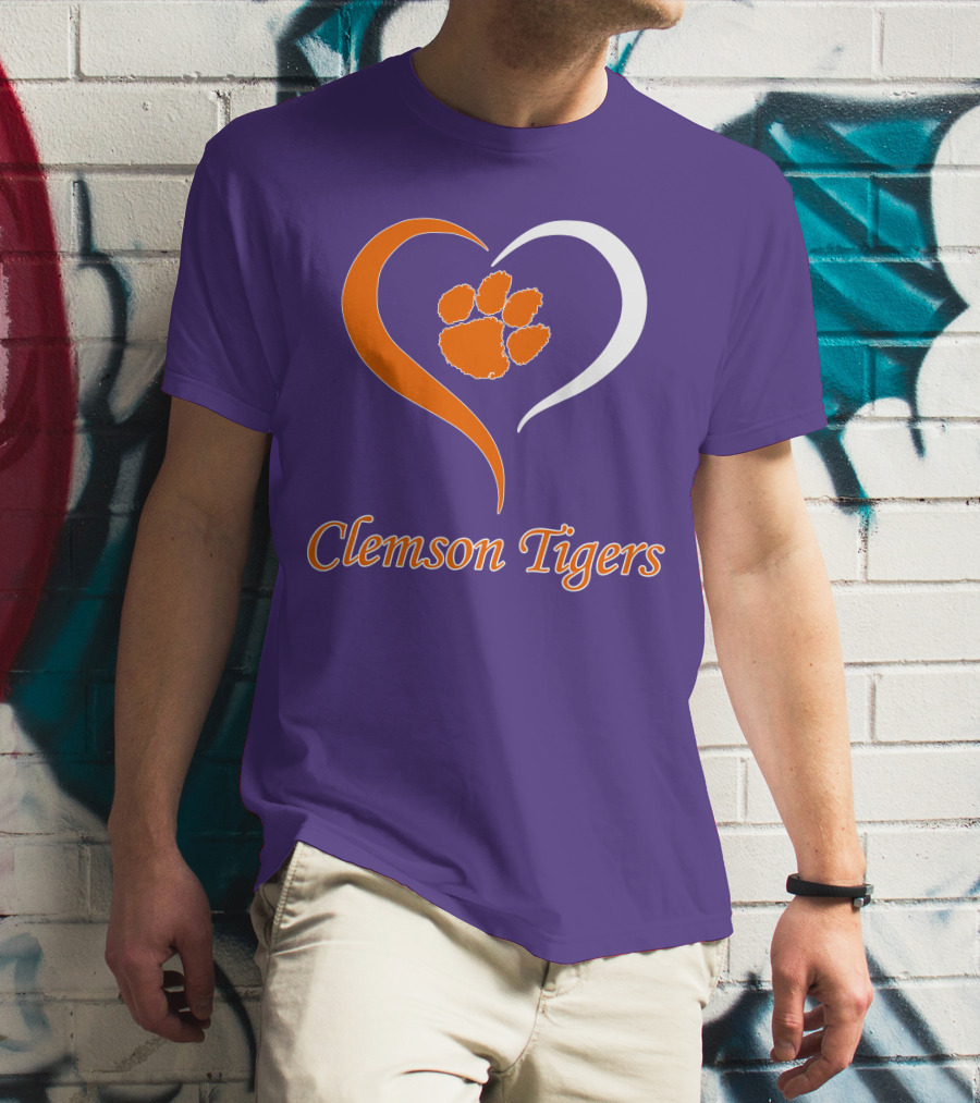 Clemson Tigers Heart Paw Print Purple And Orange T-Shirt