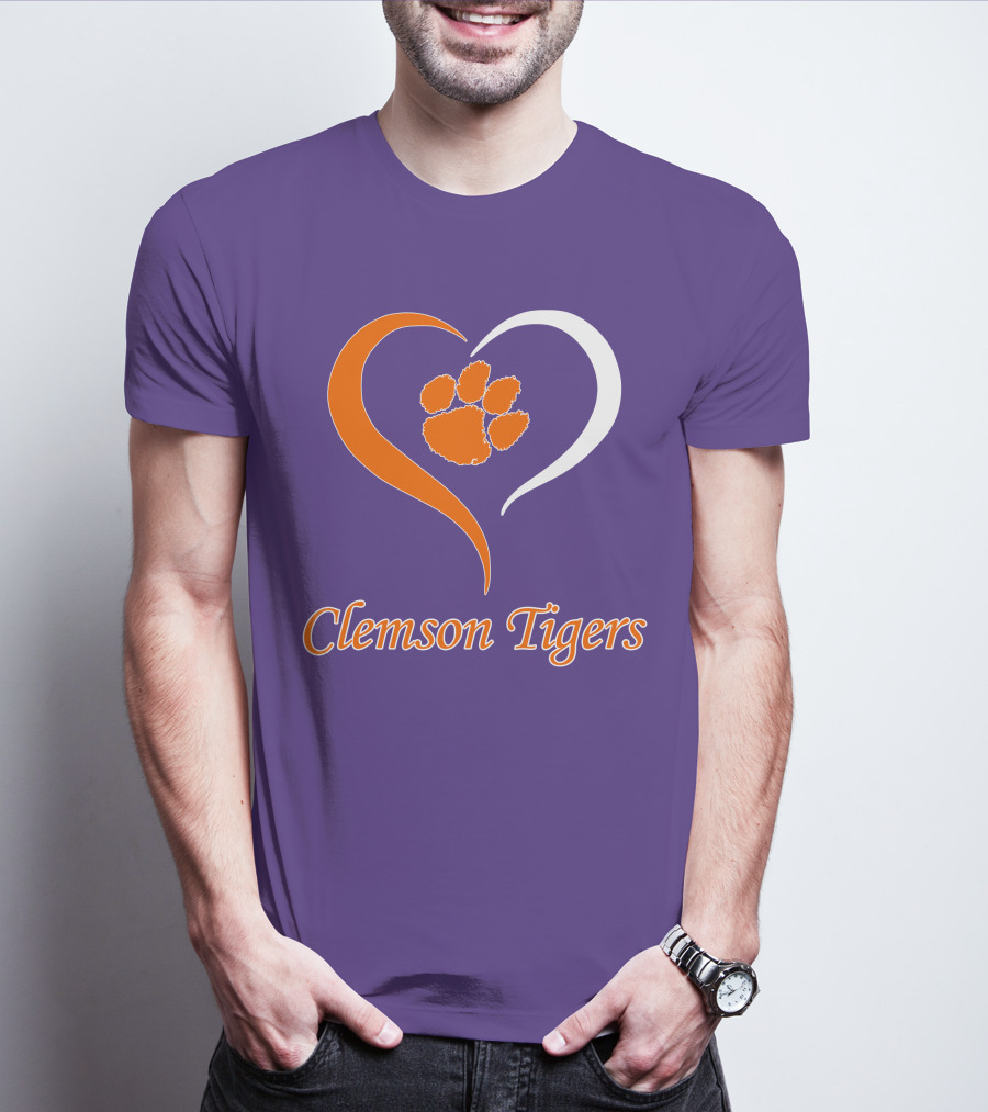 Clemson Tigers Heart Paw Print Purple And Orange T-Shirt