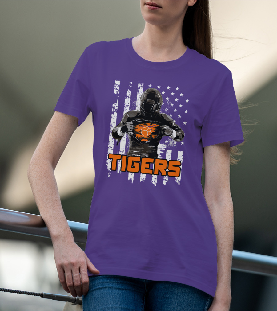 Tigers Player With Paw Logo And Flag Background T-Shirt