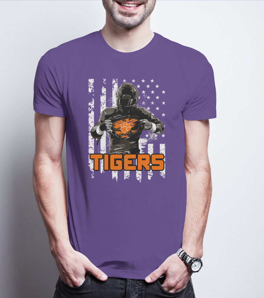 Tigers Player With Paw Logo And Flag Background T-Shirt