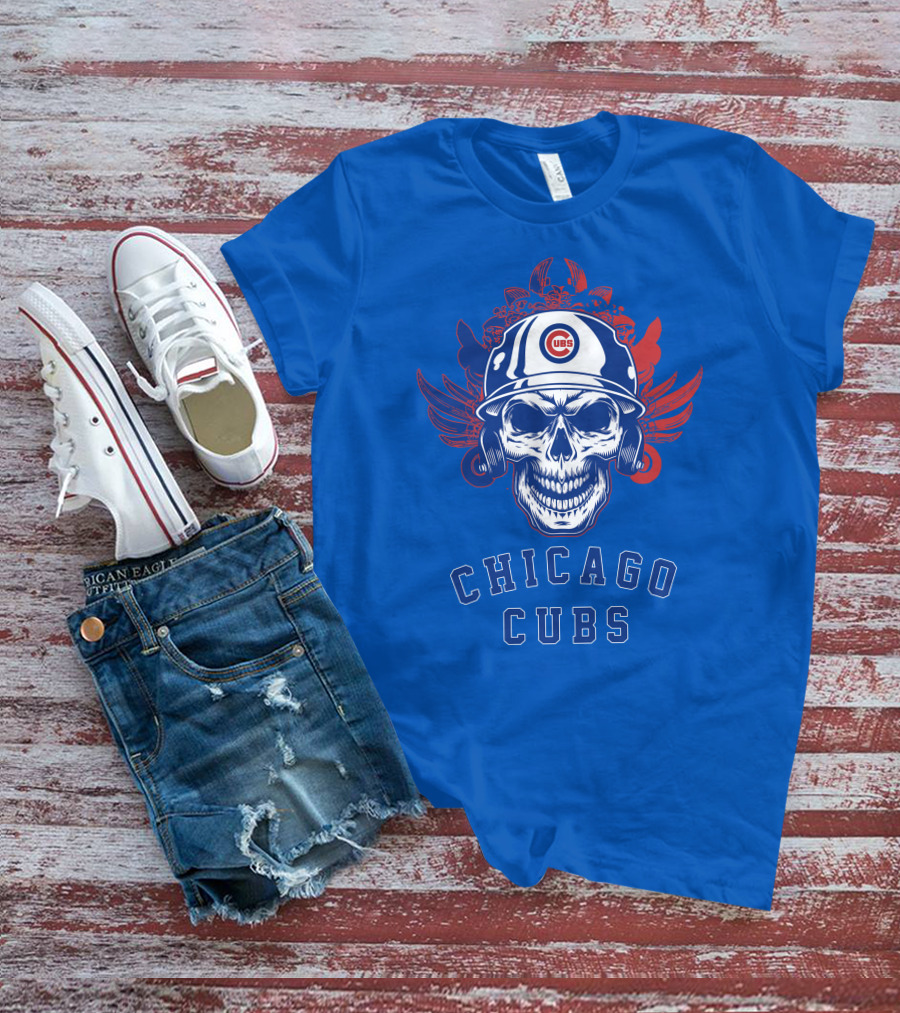 Chicago Cubs Skull Logo With Helmet And Wings T-Shirt