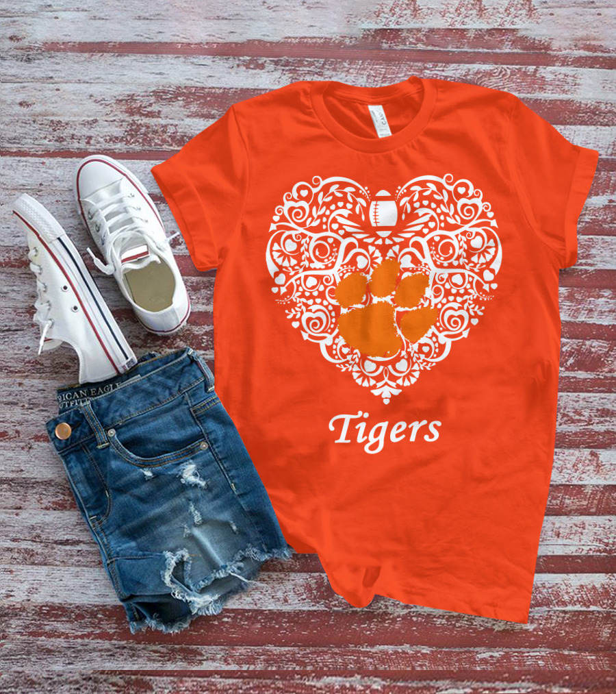 Heart-Shaped Design With Clemson Tigers Paw And Football Elements T-Shirt