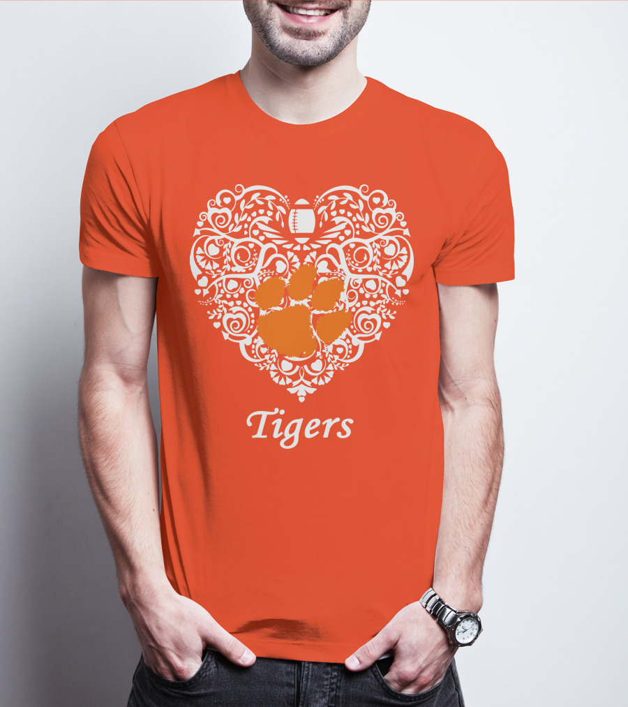 Heart-Shaped Design With Clemson Tigers Paw And Football Elements T-Shirt