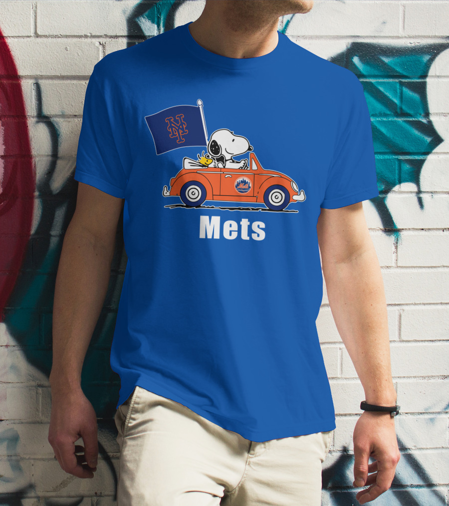 Mets Snoopy Driving With Woodstock And Flag T-Shirt