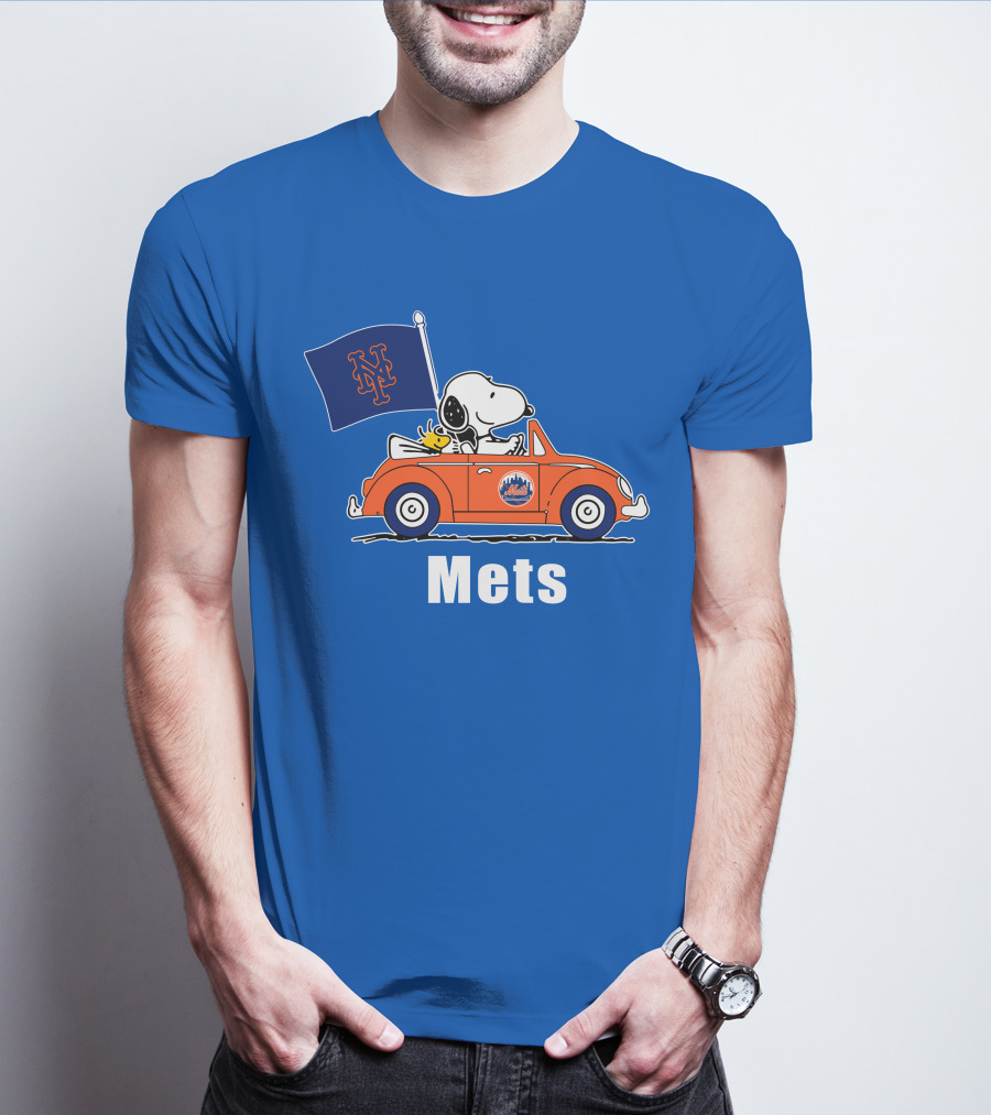 Mets Snoopy Driving With Woodstock And Flag T-Shirt