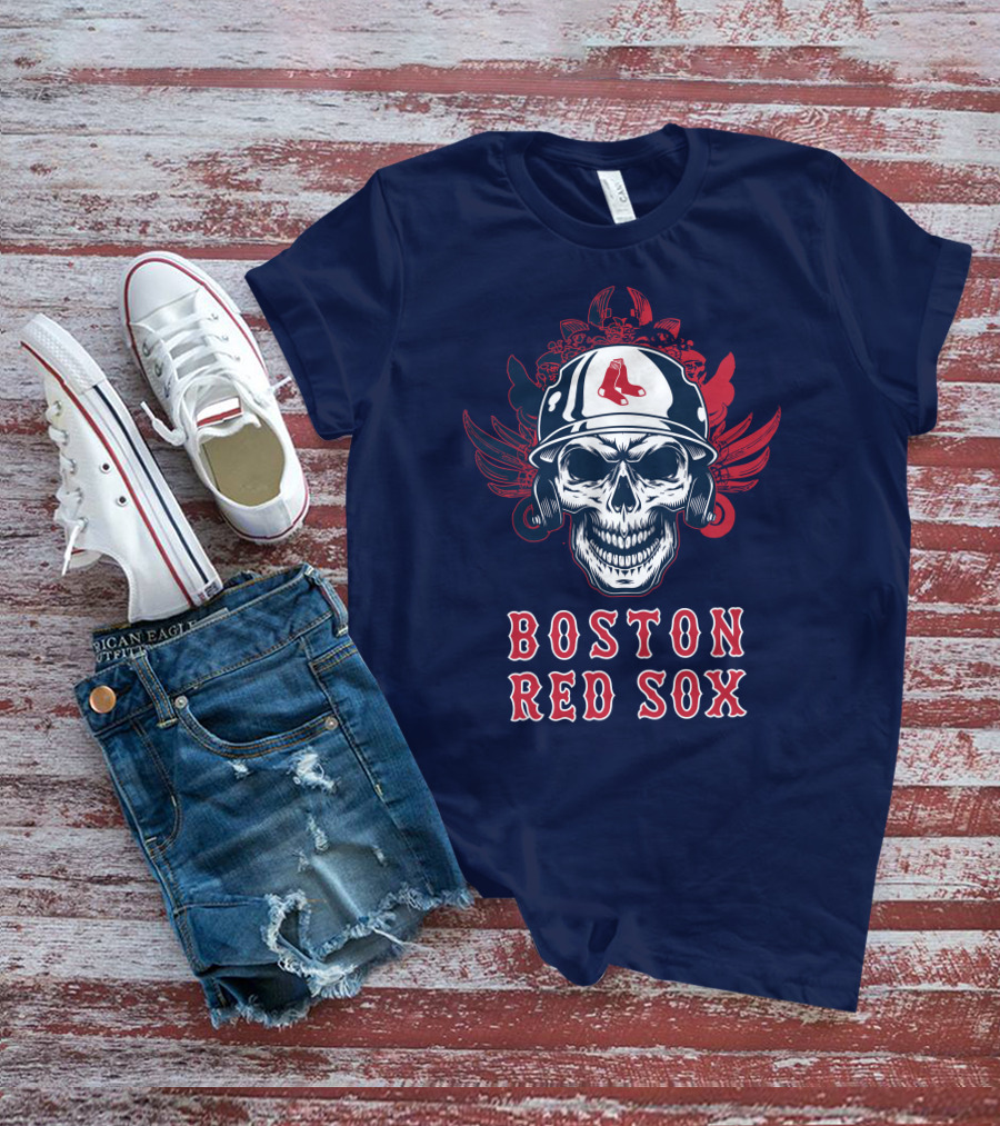 Boston Red Sox Skull With Baseball Helmet And Wings T-Shirt