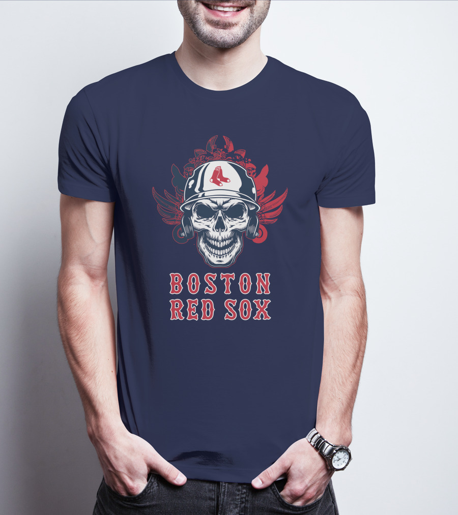 Boston Red Sox Skull With Baseball Helmet And Wings T-Shirt