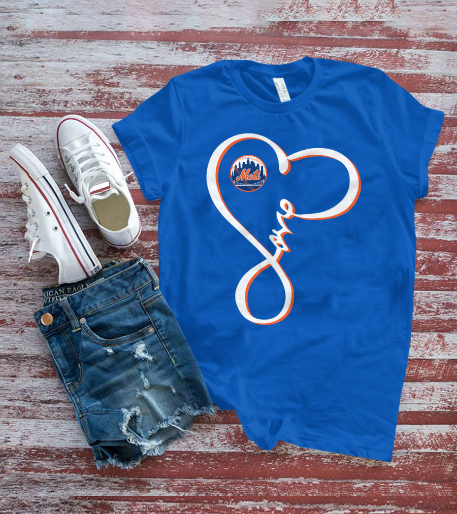 New York Mets Love Script With Heart Outline T-Shirt