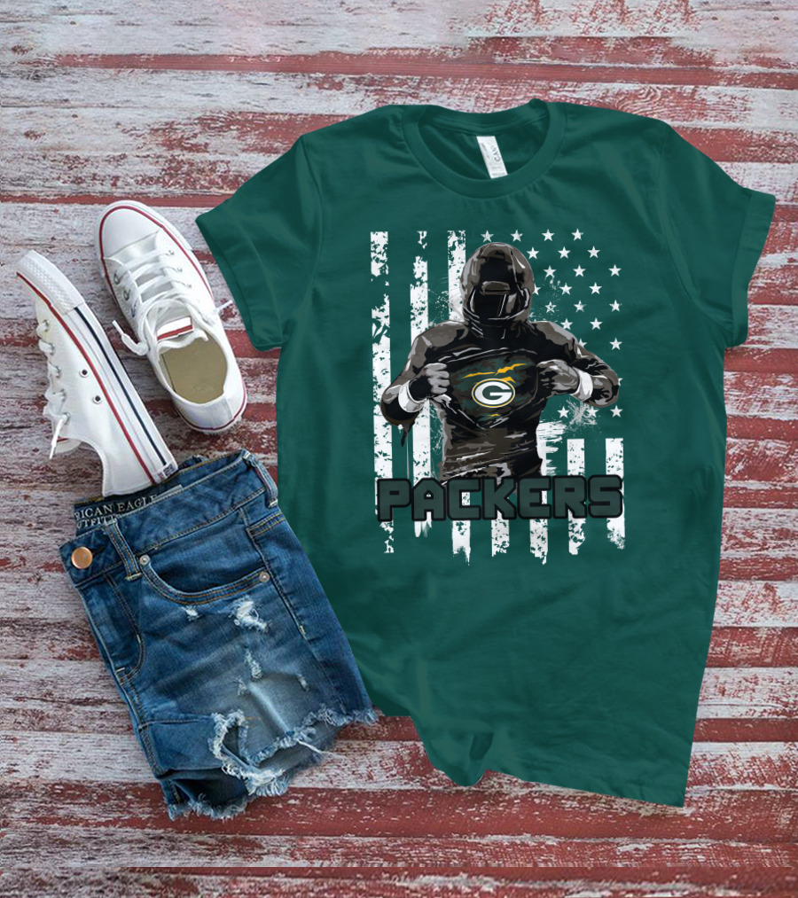 Packers Player With Flag Background And Green Bay T-Shirt