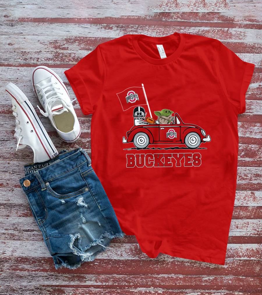 Ohio State Buckeyes Darth Vader Baby Yoda Driving Star Wars Car With Flag T-Shirt