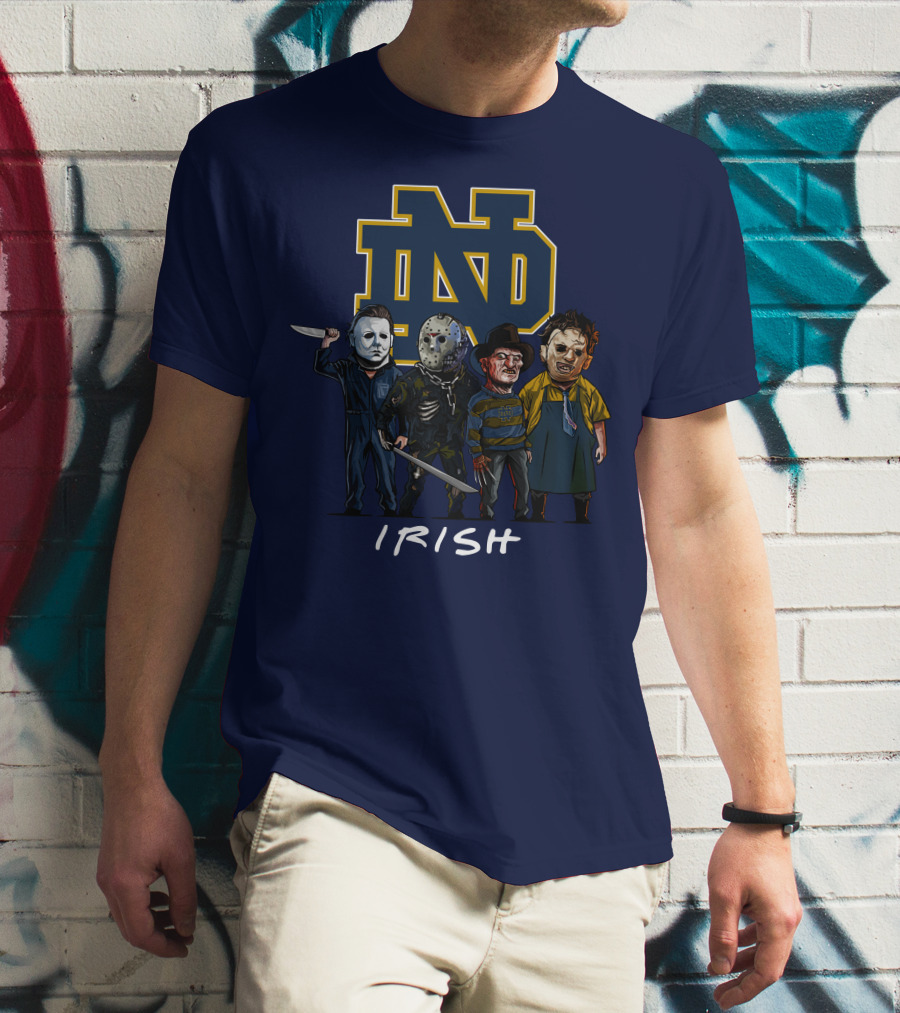 Notre Dame Fighting Irish Halloween With Famous Horror Slasher Characters T-Shirt