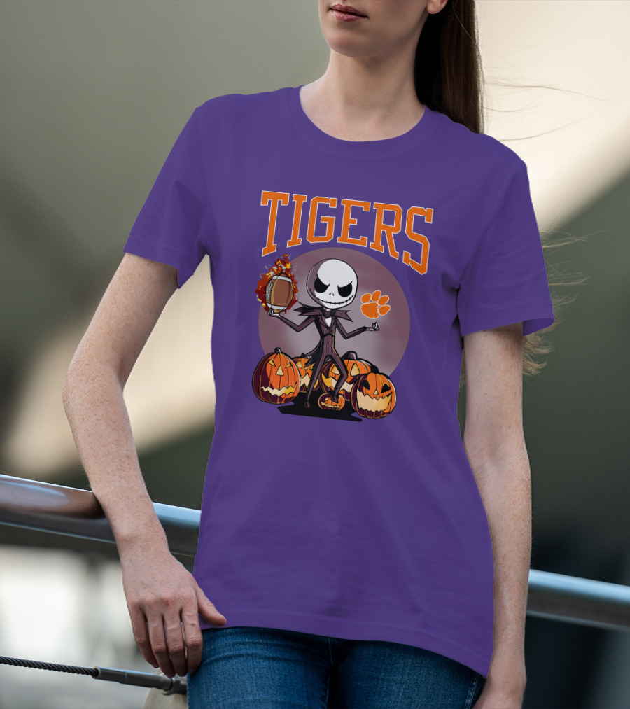 Tigers Jack Skellington Clemson Halloween Football And Pumpkins T-Shirt