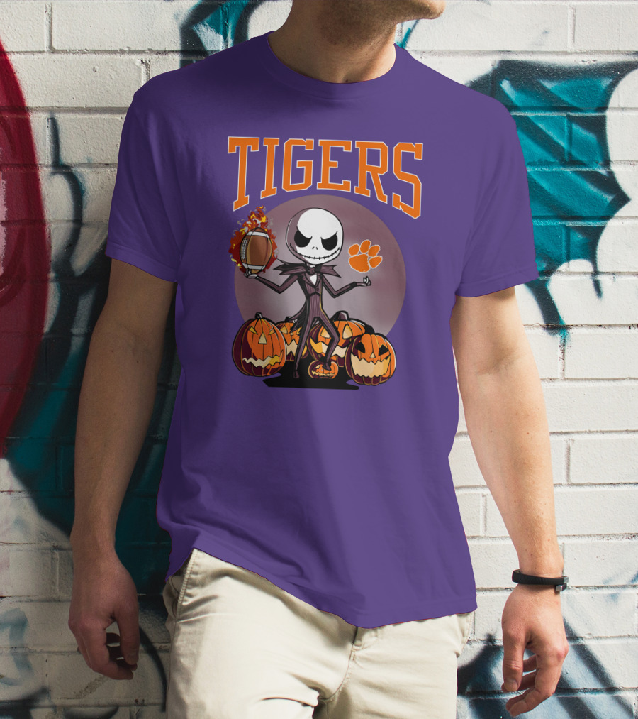 Tigers Jack Skellington Clemson Halloween Football And Pumpkins T-Shirt