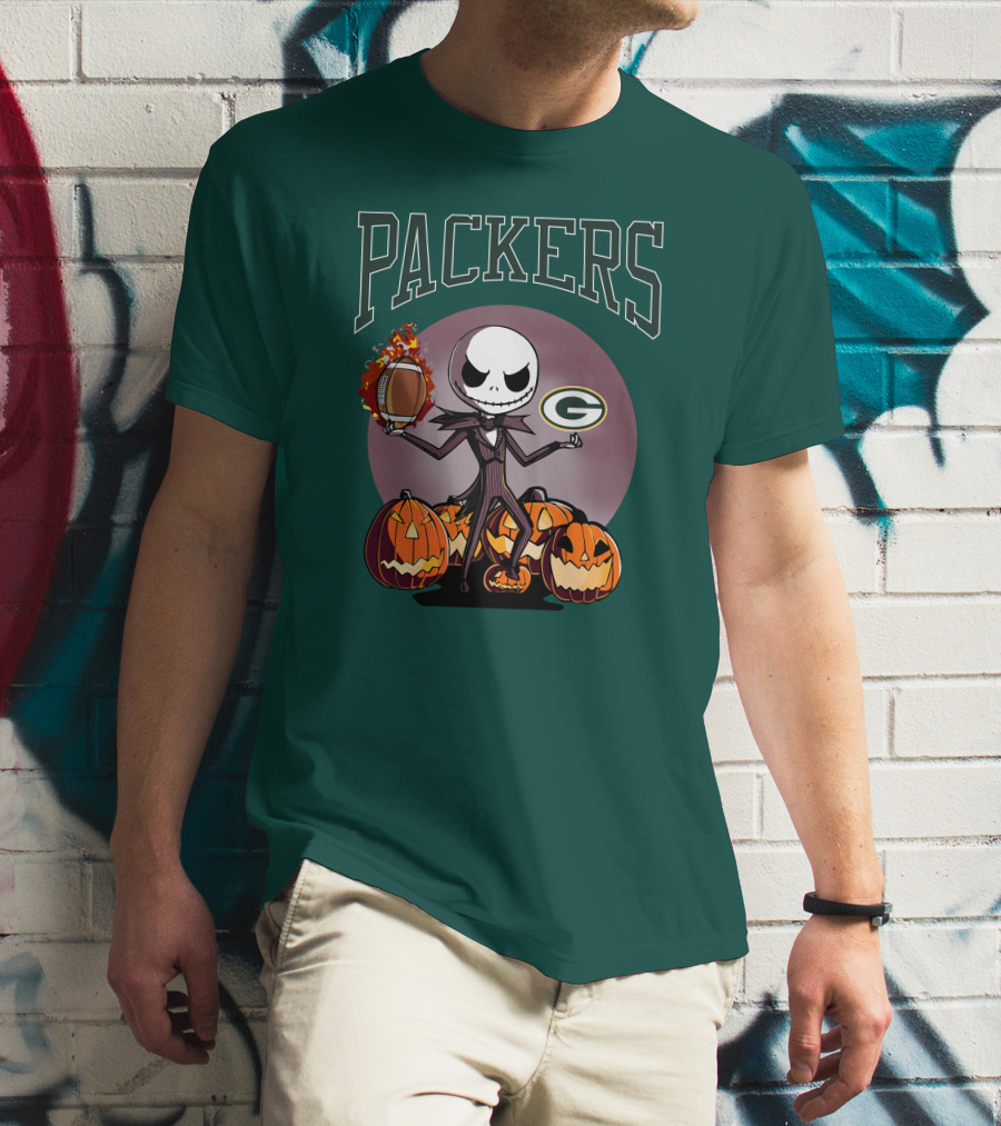 Packers Green Bay Jack Skellington Halloween Football Pumpkins T-Shirt