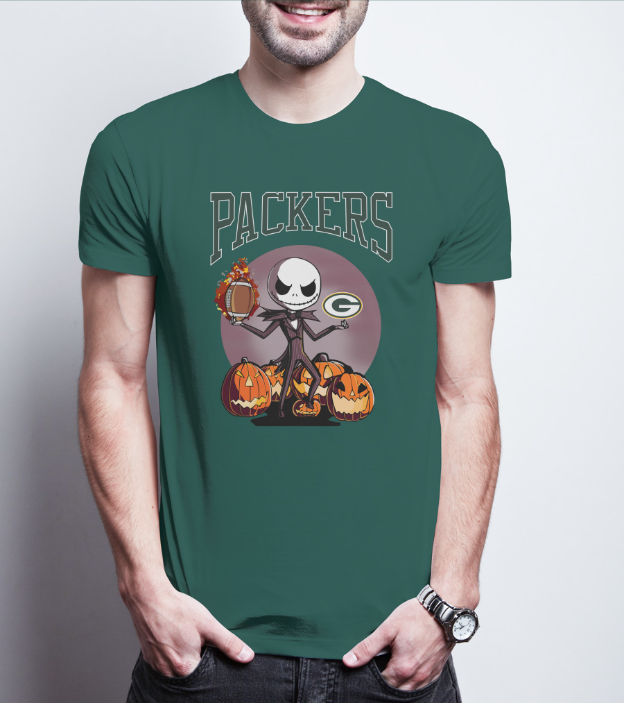 Packers Green Bay Jack Skellington Halloween Football Pumpkins T-Shirt