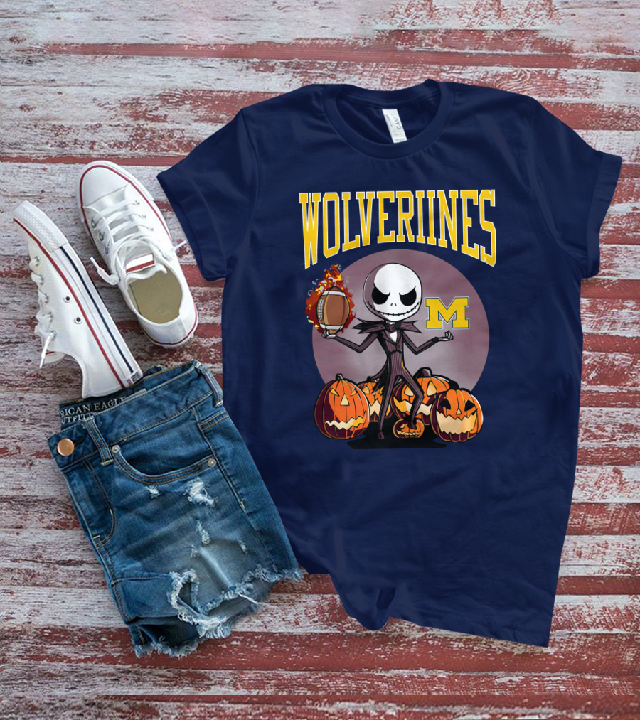 Michigan Wolverines Halloween Jack Skellington Football Pumpkins T-Shirt