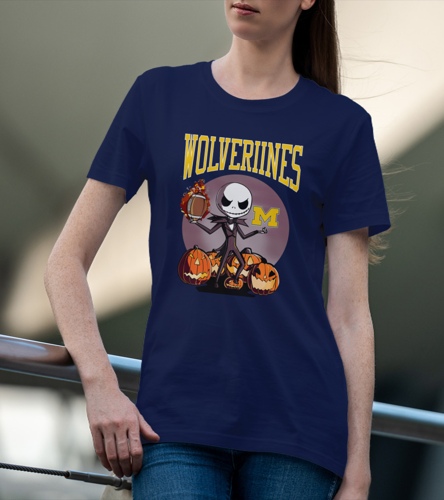 Michigan Wolverines Halloween Jack Skellington Football Pumpkins T-Shirt